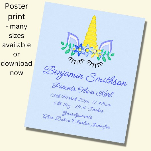 名前の追加誕生詳細, Unicorn Eyes Blue子供部屋 ポスター