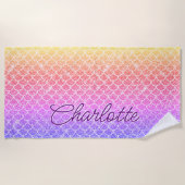名前の追加金ゴールドピンクメイブマーメイドはかりで測 ビーチタオル (正面)