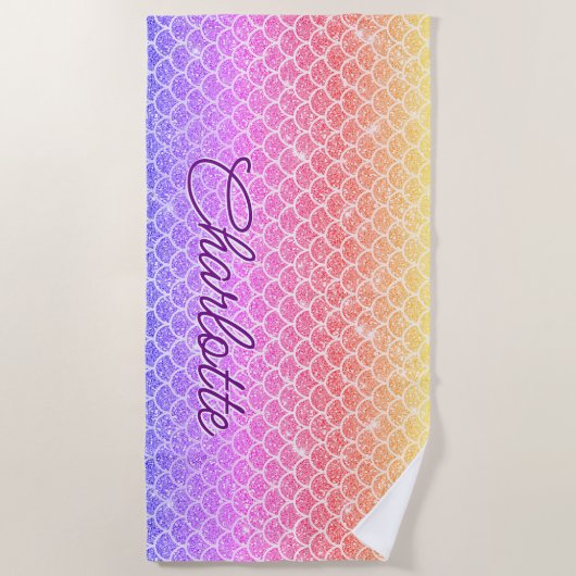 名前の追加金ゴールドピンクメイブマーメイドはかりで測 ビーチタオル (正面)