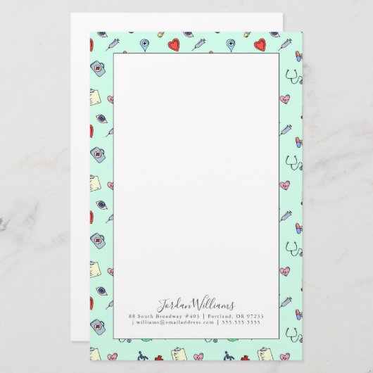 名前の追加 |かわいい医療アイコンのパターン 便箋 (正面/裏面)