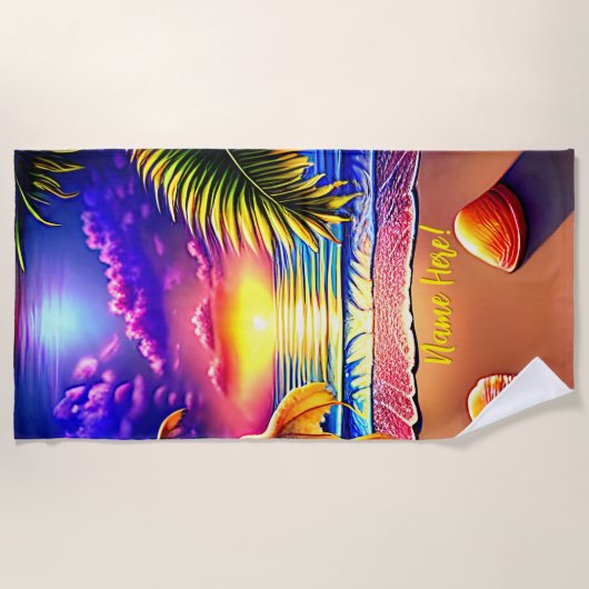 名前の追加、スタイル設定されたビーチサンセットとシェル ビーチタオル (正面)