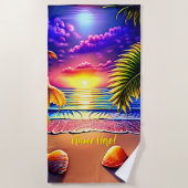 名前の追加、スタイル設定されたビーチサンセットとシェル ビーチタオル (正面)