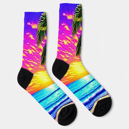 名前の追加、スタイル設定されたビーチサンセット（パームツリー付き） ソックス (右)