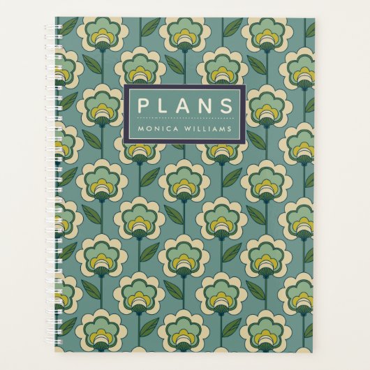 名前の追加 |ティール（緑がかった色）と黄色の花柄 プランナー手帳 (正面)