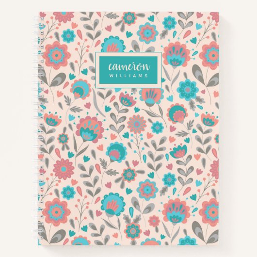名前の追加 |ティール（緑がかった色）&コーラルフォークアートフローラ ノートブック (正面)