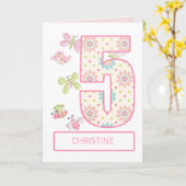 名前の追加、バグと蝶と5番目の誕生日 カード (黄色い花)