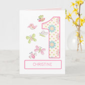 名前の追加(バグと蝶を含む1番目の誕生日) カード (黄色い花)