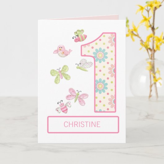 名前の追加（バグと蝶を含む1番目の誕生日） カード (黄色い花)