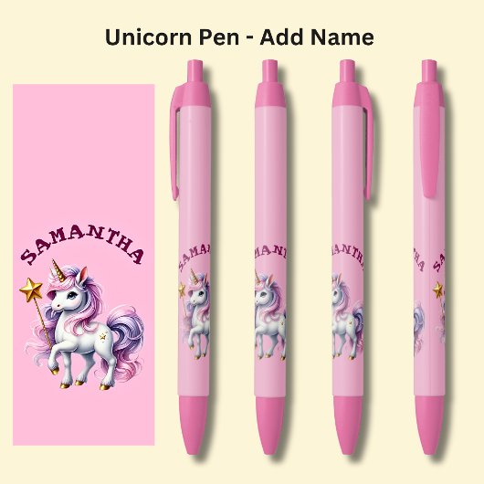 名前の追加、ピンクの星の杖を持つユニコーン 黒ボールペン