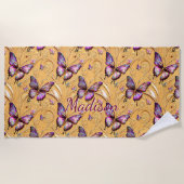 名前の追加、ファンタジー蝶マウヴ虹色 ビーチタオル (正面)