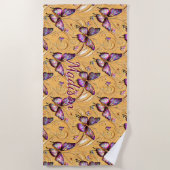 名前の追加、ファンタジー蝶マウヴ虹色 ビーチタオル (正面)