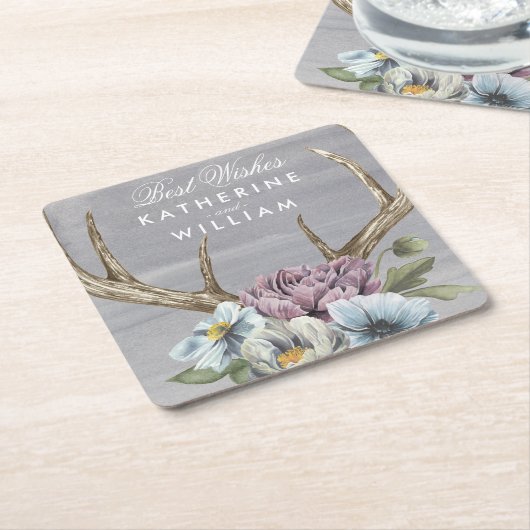 名前の追加 |フローラ鹿の〔雄ジカの〕枝角 スクエアペーパーコースター (アングル)