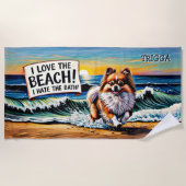 名前の追加、ポメラニア犬の波の犬への飛び散り ビーチタオル (正面)