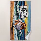 名前の追加、ポメラニア犬の波の犬への飛び散り ビーチタオル (正面)