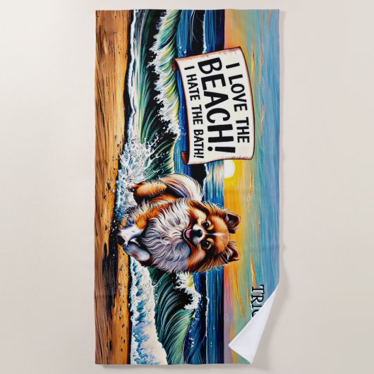 名前の追加、ポメラニア犬の波の犬への飛び散り ビーチタオル (正面)