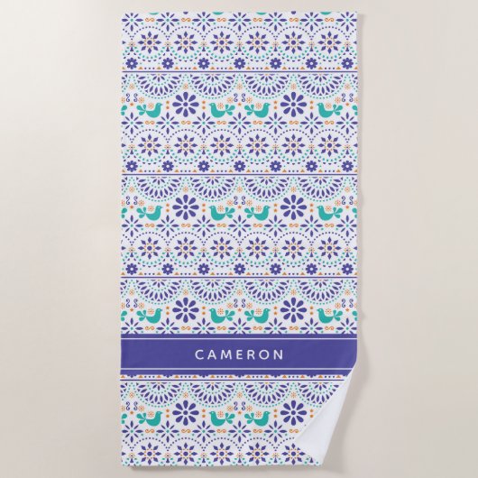 名前の追加|メキシコの鳥瓦フォークの絵柄 ビーチタオル (正面)