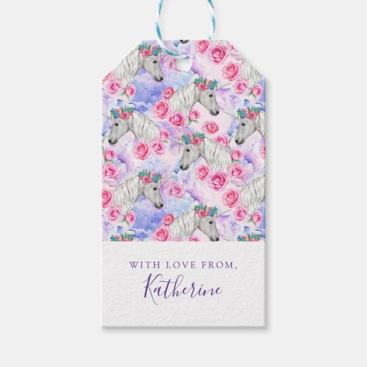名前の追加 |ユニコーン&バラパターン ギフトタグ (正面)