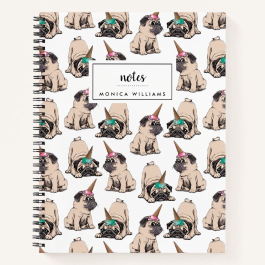名前の追加 |子犬のパグ |ユニコーンを目指す ノートブック (正面)