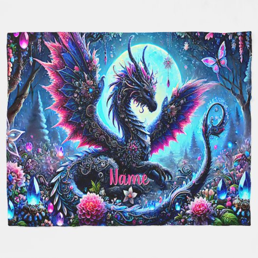 名前の追加，宝石ピンクアクアブルーファンタジードラゴン フリースブランケット (正面(横))