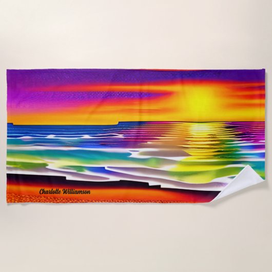 名前の追加、抽象芸術の夕日の海 ビーチタオル (正面)