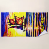 名前の追加、抽象芸術セーリングセイルズとブラウンセイルズ ビーチタオル (正面)