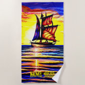 名前の追加、抽象芸術セーリングセイルズとブラウンセイルズ ビーチタオル (正面)