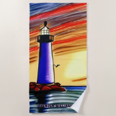 名前の追加、日没のライトハウス海 ビーチタオル (正面)