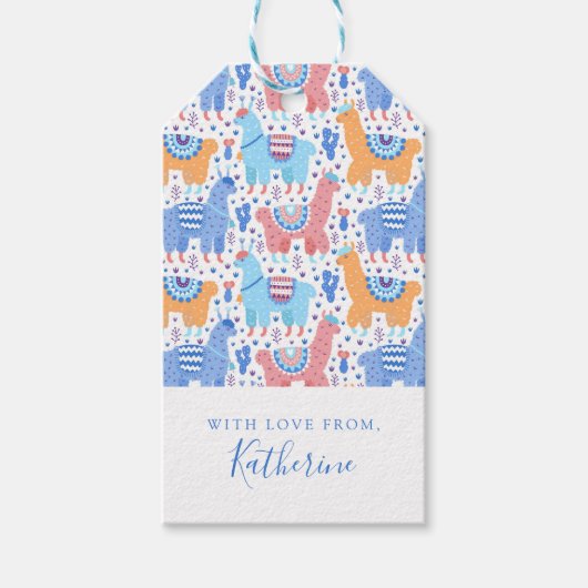 名前の追加 |明るいアルパカラフルカパターン ギフトタグ (正面)