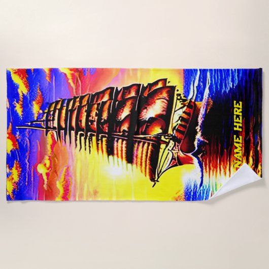 名前の追加、様式化された抽象芸術海賊帆船 ビーチタオル (正面)