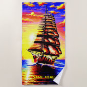 名前の追加、様式化された抽象芸術海賊帆船 ビーチタオル (正面)