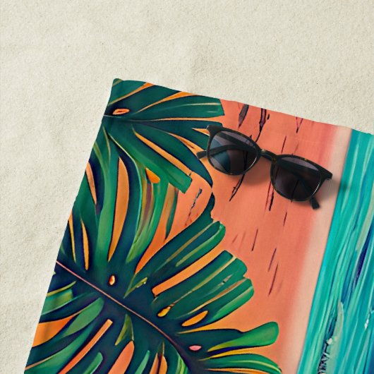 名前の追加、海の上に夕日の砂のヤシの木 ビーチタオル (インサイチュ)