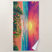 名前の追加、海の上に夕日の砂のヤシの木 ビーチタオル (正面)