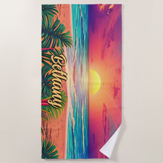 名前の追加、海の上に夕日の砂のヤシの木 ビーチタオル (正面)