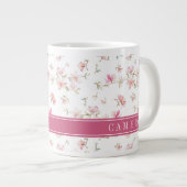 名前の追加|淡いピンクの水彩の花 ジャンボコーヒーマグカップ (正面右)