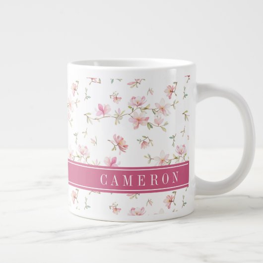 名前の追加|淡いピンクの水彩の花 ジャンボコーヒーマグカップ (右)