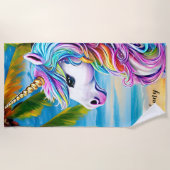 名前の追加,白のユニコーンとレインボーマネ ビーチタオル (正面)