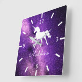 名前の追加/紫の宇宙ユニコーン スクエア壁時計 (傾斜)