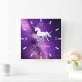 名前の追加/紫の宇宙ユニコーン スクエア壁時計 (ホーム)