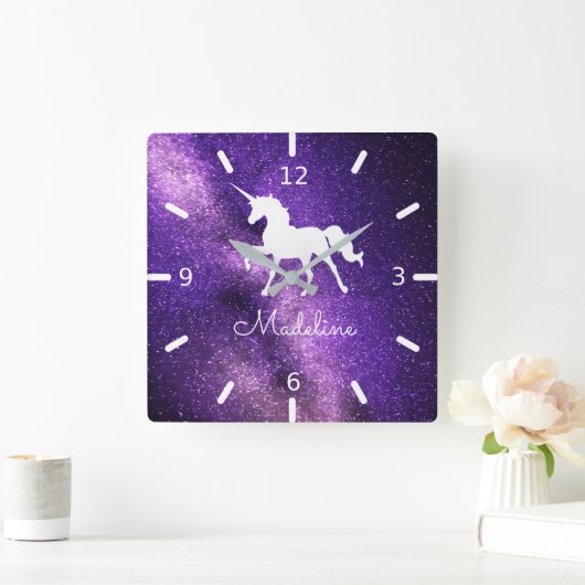 名前の追加/紫の宇宙ユニコーン スクエア壁時計 (ホーム)