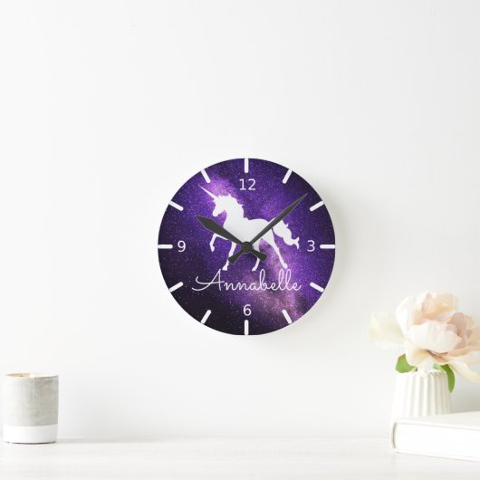 名前の追加/美しいユニコーンパープル宇宙 ラウンド壁時計 (ホーム)