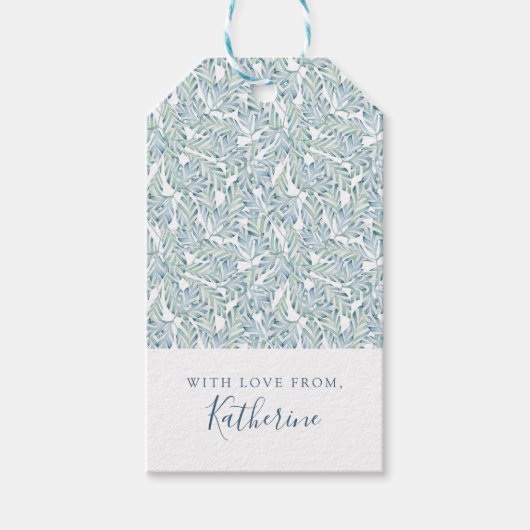 名前の追加 |装飾的ストライプのな葉のパターン ギフトタグ (正面)