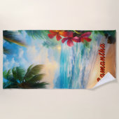 名前の追加、赤い花のビーチシーン ビーチタオル (正面)