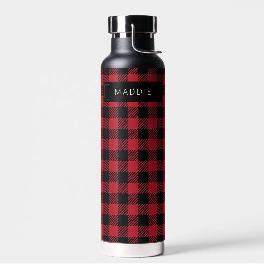 名前の追加 |赤と黒のバッファローチェック ウォーターボトル (左面)
