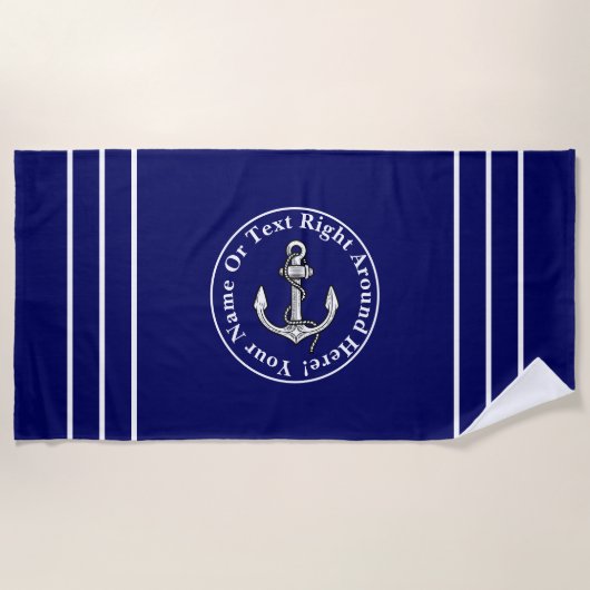 名前の追加、青い白の航海のいかりとストライプ ビーチタオル (正面)