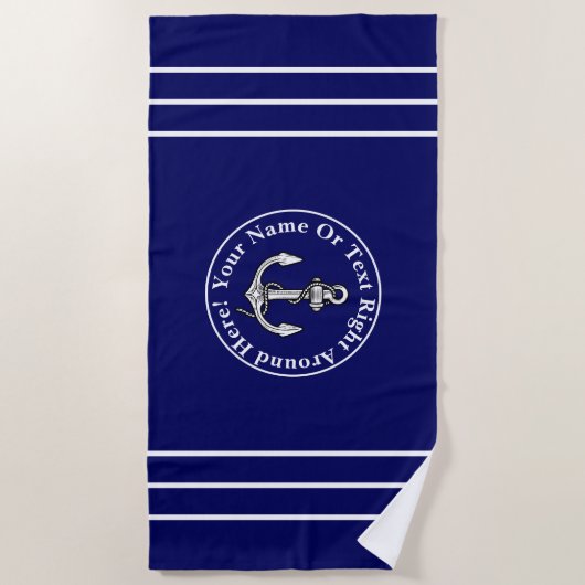 名前の追加、青い白の航海のいかりとストライプ ビーチタオル (正面)