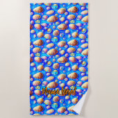 名前の追加、青い砂の貝殻 ビーチタオル (正面)