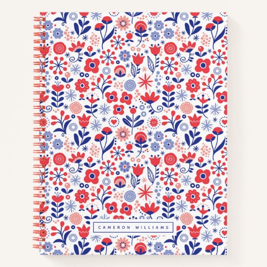 名前の追加 |青とサンゴの花柄 ノートブック (正面)