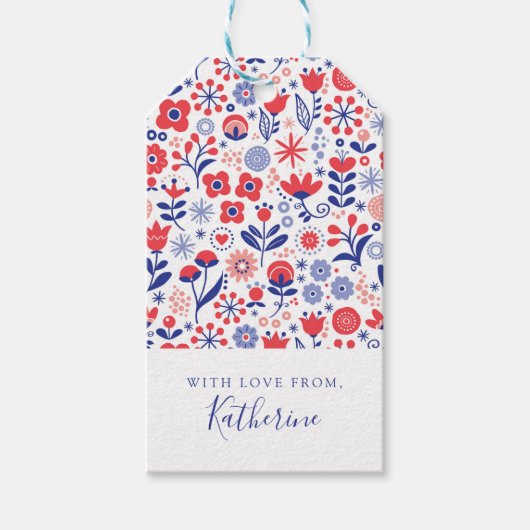 名前の追加 |青と珊瑚の花柄 ギフトタグ (正面)