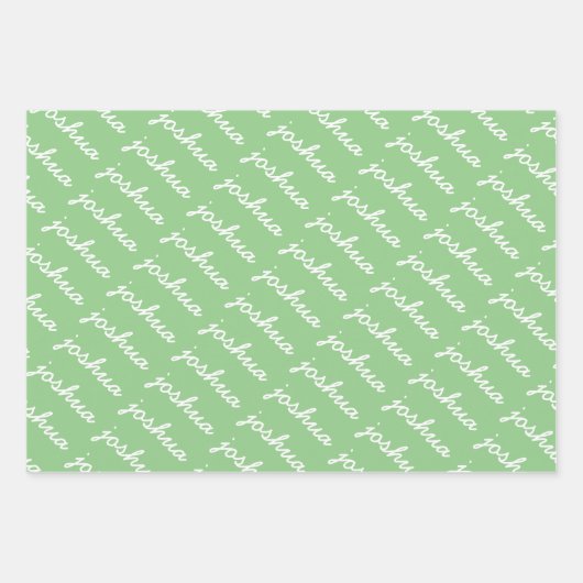 名前の追加（青） |緑の筆記体の名前 ラッピングペーパーシート (正面3)