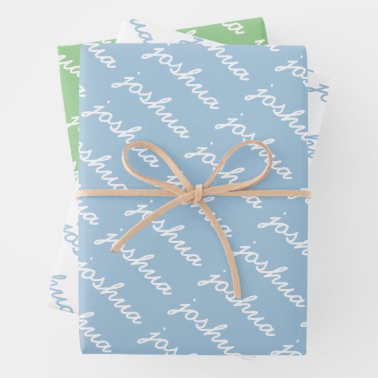 名前の追加（青） |緑の筆記体の名前 ラッピングペーパーシート (インサイチュ)